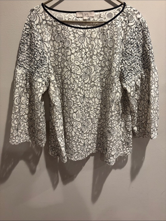 LOFT Tops - LOFT White and Black Lace-Effect Blouse with Smocked Sleeves